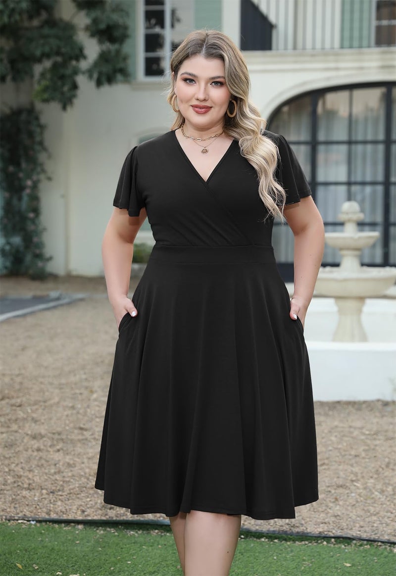 Nemidor Plus Size Dresses for Curvy Women Casual Summer V Neck Short Sleeve Midi Cocktail Vintage Dress with Pocket(073,22,Black) - Image 3